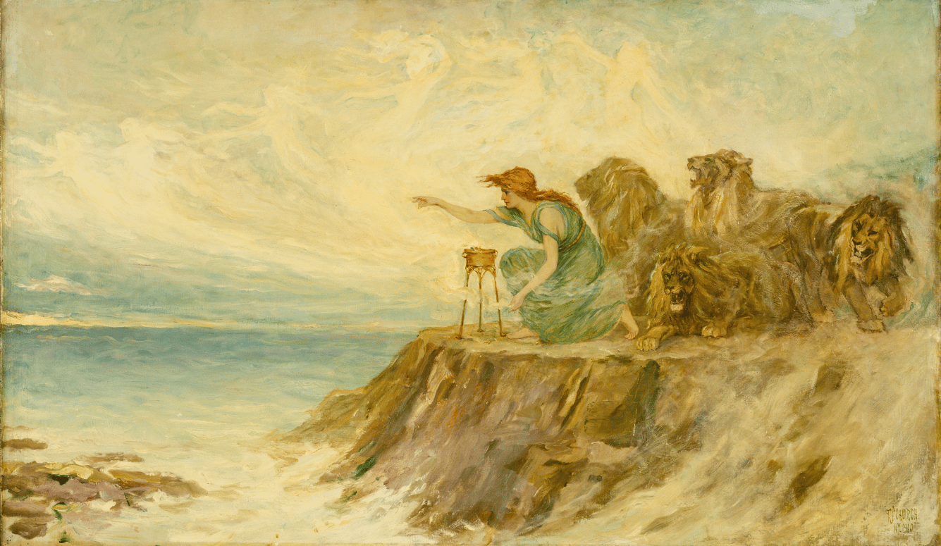 A classic Gilded Age vintage oil painting depicting the mythological sorceress Circe in a peaceful, atmospheric setting alongside wild big cats.
