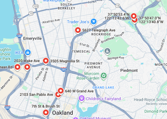 Figure 5. Map showing the 10 proposed alternate billboard locations. Most are located on the Interstates 580 and 980 corridors, with three located on the Highways 24 and 13 corridors (Image source: Google Maps)