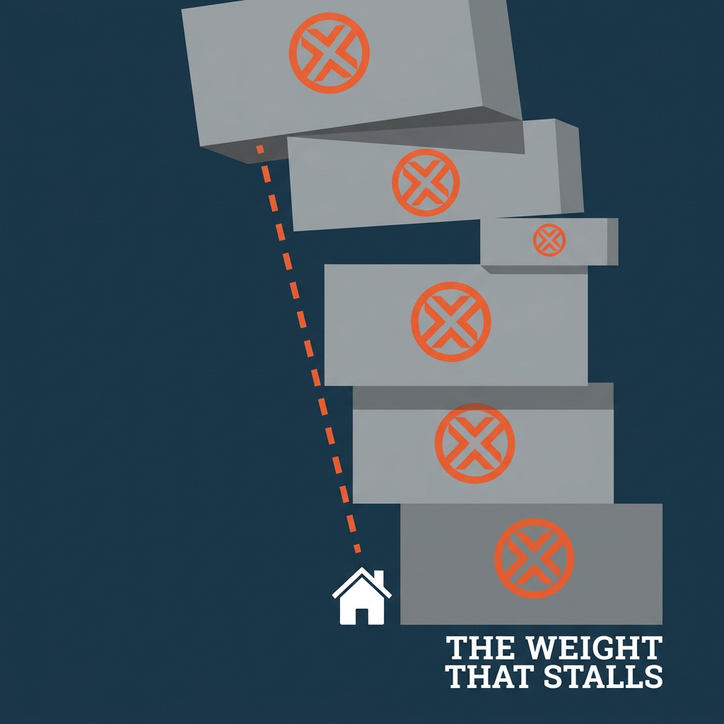 The Weight That Stalls — a single house icon crushed under a precarious stack of heavy blocks marked with warnings, representing accumulated self-doubt.