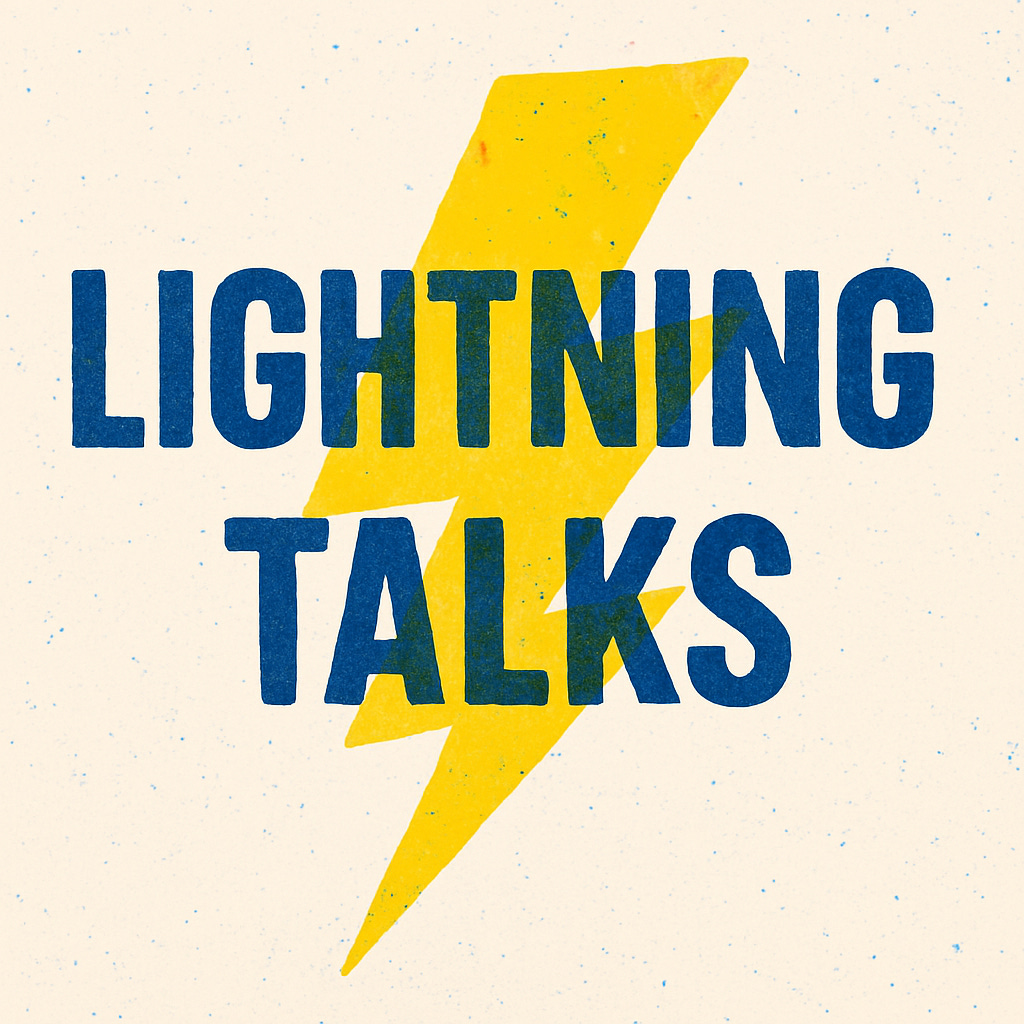 Square image with the words "Lightning Talks" in front and an image of a lightning bolt in the background.