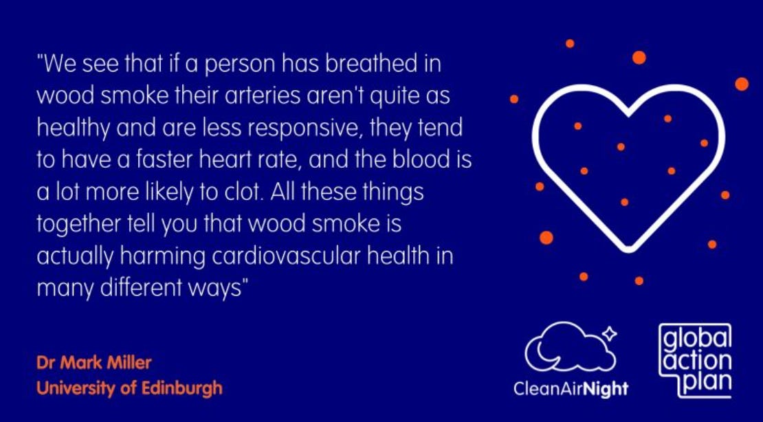 Clean Air Night poster talking about the effect of wood smoke on our hearts