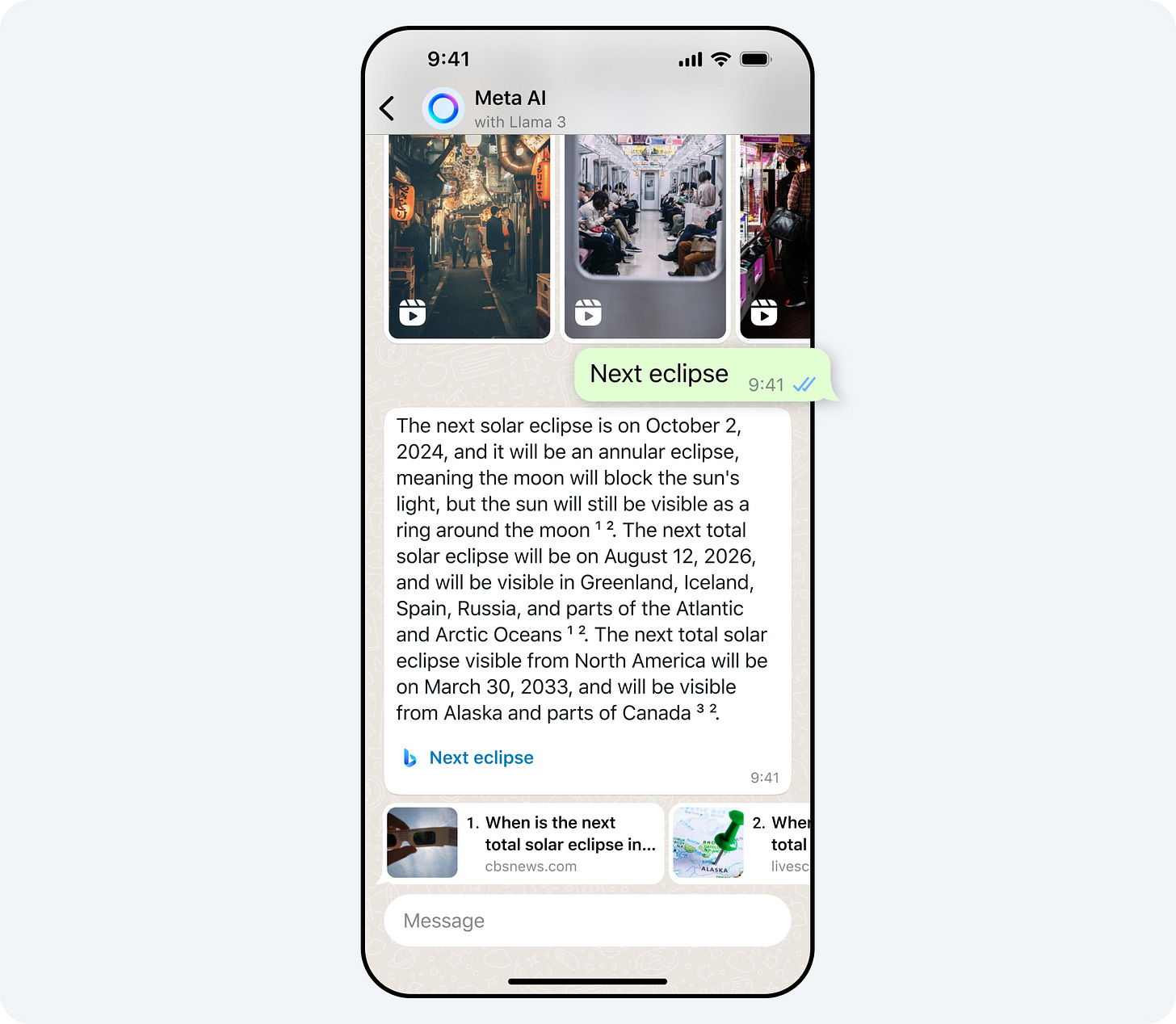 Phone screen showing a WhatsApp chat with Meta AI