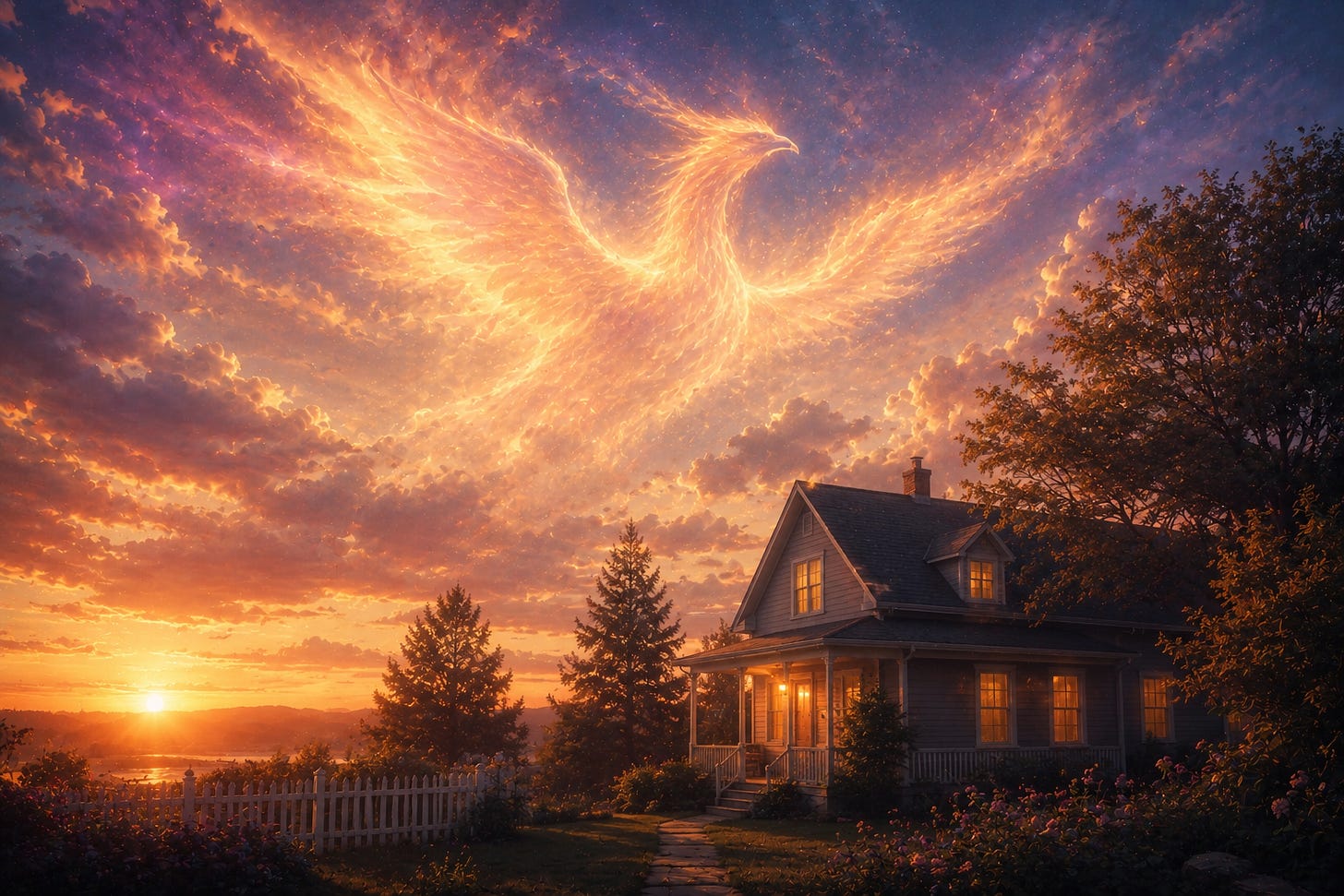 A Phoenix flying gracefully over a peaceful home landscape during a golden hour of the evening, symbolizing emotional return, healing, and remembrance. A Phoenix flying gracefully over a peaceful home landscape during a golden hour of the evening, symbolizing emotional return, healing, and remembrance.