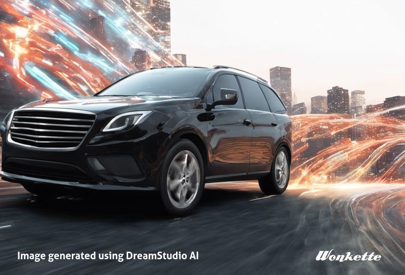 Digitally altered car ad showing an SUV leaking rainbows of data all over as it cruises through a city. Digitally altered car ad showing an SUV leaking rainbows of data all over as it cruises through a city.