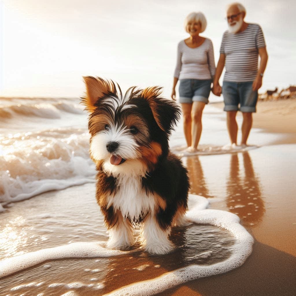 biewer terrier puppy looking at an elderly couple wading into the surf
