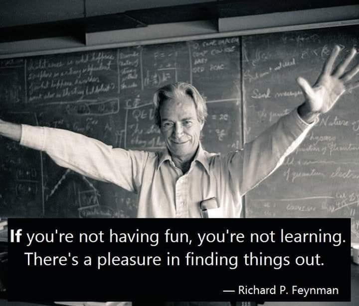 This may contain: a man standing in front of a blackboard with a quote on it saying if you're not having fun, you're not learning there's a pleasure finding things out This may contain: a man standing in front of a blackboard with a quote on it saying if you're not having fun, you're not learning there's a pleasure finding things out