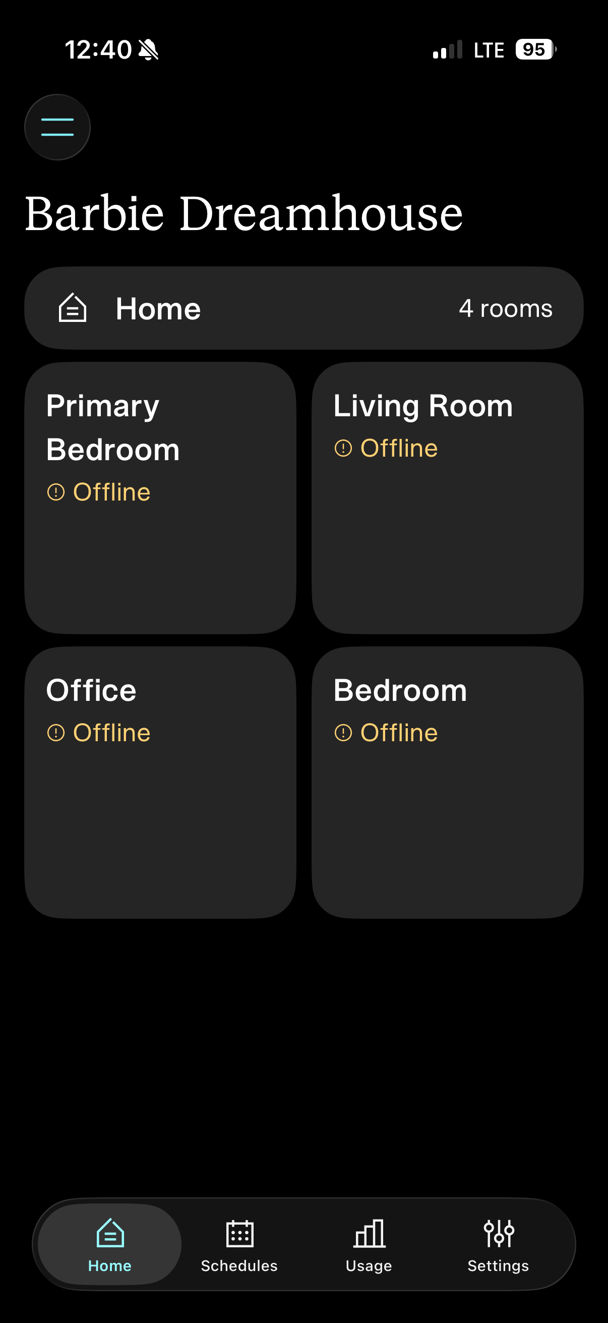 A screenshot of an app showing four squares, each representing a minisplit in the house, and each labeled "offline" A screenshot of an app showing four squares, each representing a minisplit in the house, and each labeled "offline"