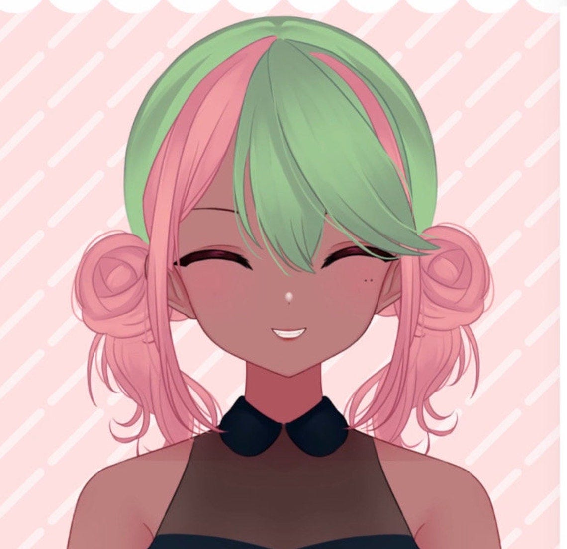 May include: A cartoon illustration of a person with pink and green hair, wearing a black sleeveless top with a white collar. The person has brown skin and is smiling.