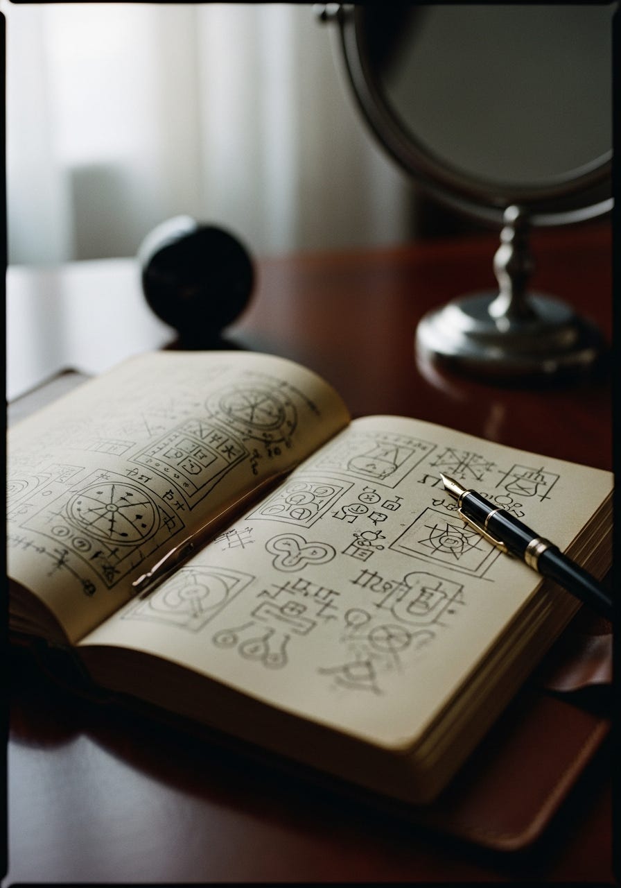 A photorealistic, moody close-up of an open, leather-bound journal with intricate alchemical sketches and symbols on aged, cream-colored pages, resting on a dark polished wooden desk with a vintage fountain pen beside it, and a blurred obsidian mirror in the background, rendered in muted sepia tones with subtle film grain.