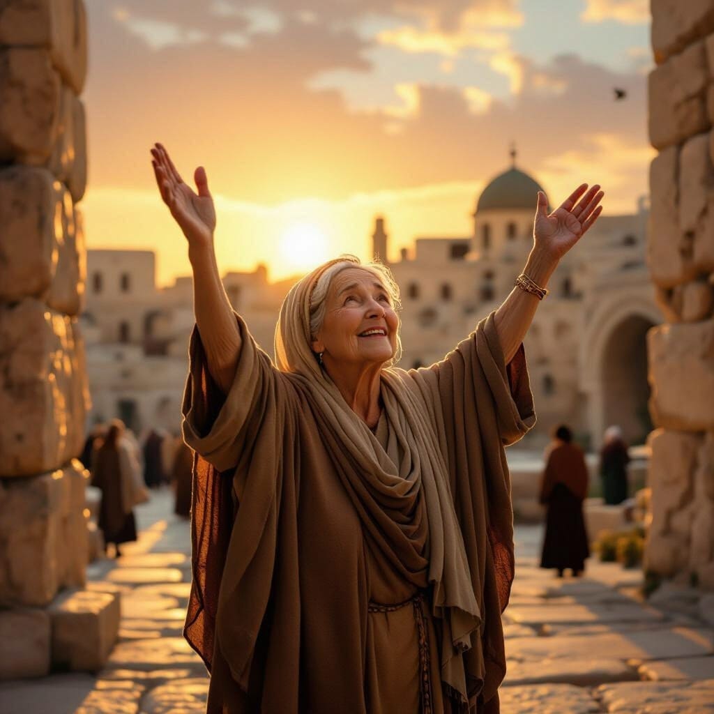 An elderly woman in a brown robe and headscarf stands between ancient stone buildings at sunset, lifting both arms joyfully toward the sky. Warm golden light illuminates her smiling face as small figures walk in the distance along a stone path.