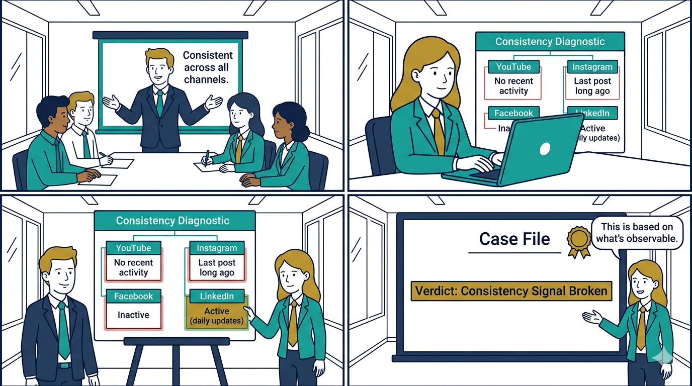 A four-panel office cartoon showing a brand claiming consistency across all channels, followed by an analysis of public data revealing inactivity on most platforms, ending with a case file verdict that the consistency signal is broken. A four-panel office cartoon showing a brand claiming consistency across all channels, followed by an analysis of public data revealing inactivity on most platforms, ending with a case file verdict that the consistency signal is broken.