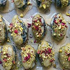 Pistachio Rose Cardamom Stuffed Dates with Tahini Magic Shell