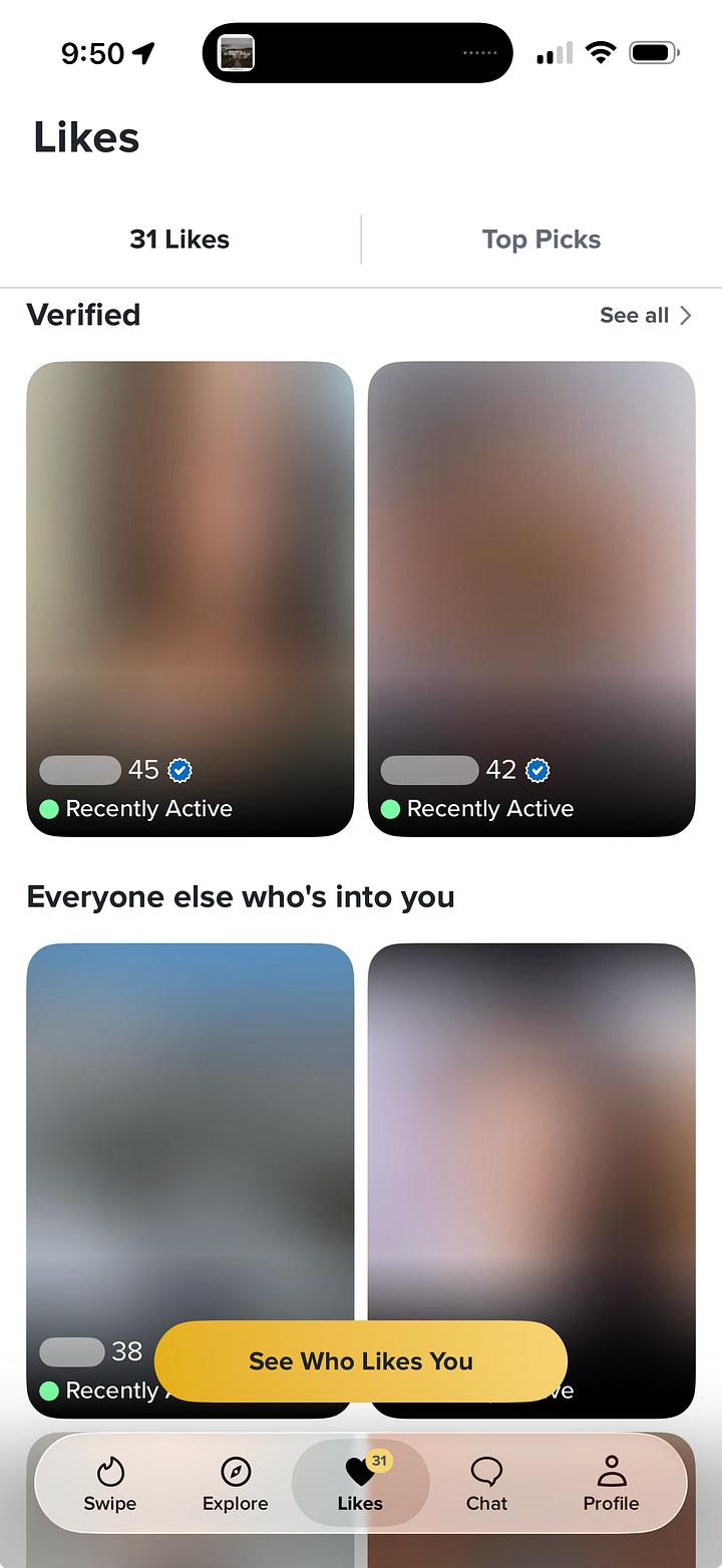 A collage of screenshots from Tinder, Bumble, Hinge, and BLK dating apps showing the "likes sent to you" section. The interface displays a grid of profile cards with blurred user photos, names like Gauri and Stephanie, and status labels such as "Recently Active" or "Liked your photo."