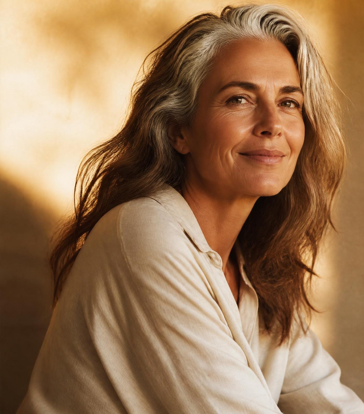 A close-up portrait of a stunning mature woman with silver-streaked hair, smiling warmly in golden-hour sunlight. A close-up portrait of a stunning mature woman with silver-streaked hair, smiling warmly in golden-hour sunlight.