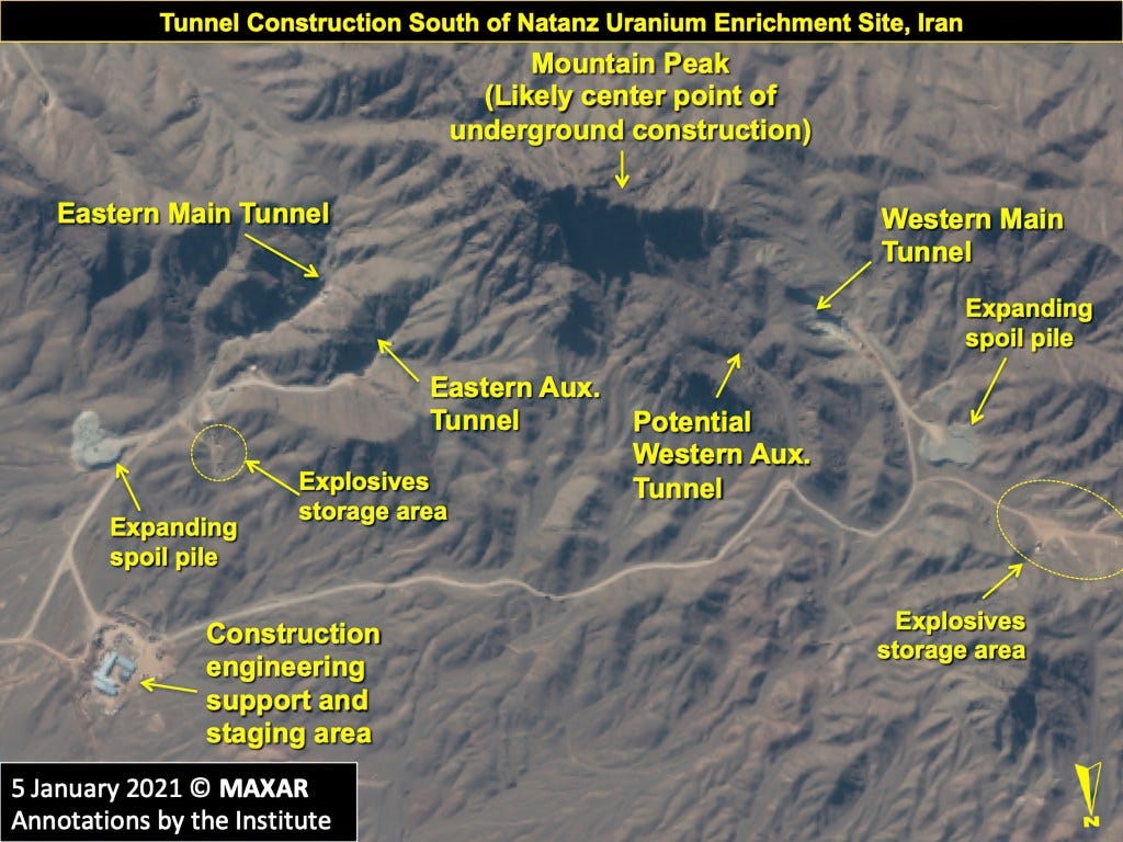 Satellite image of Natanz uranium enrichment site tunnel construction in Iran.