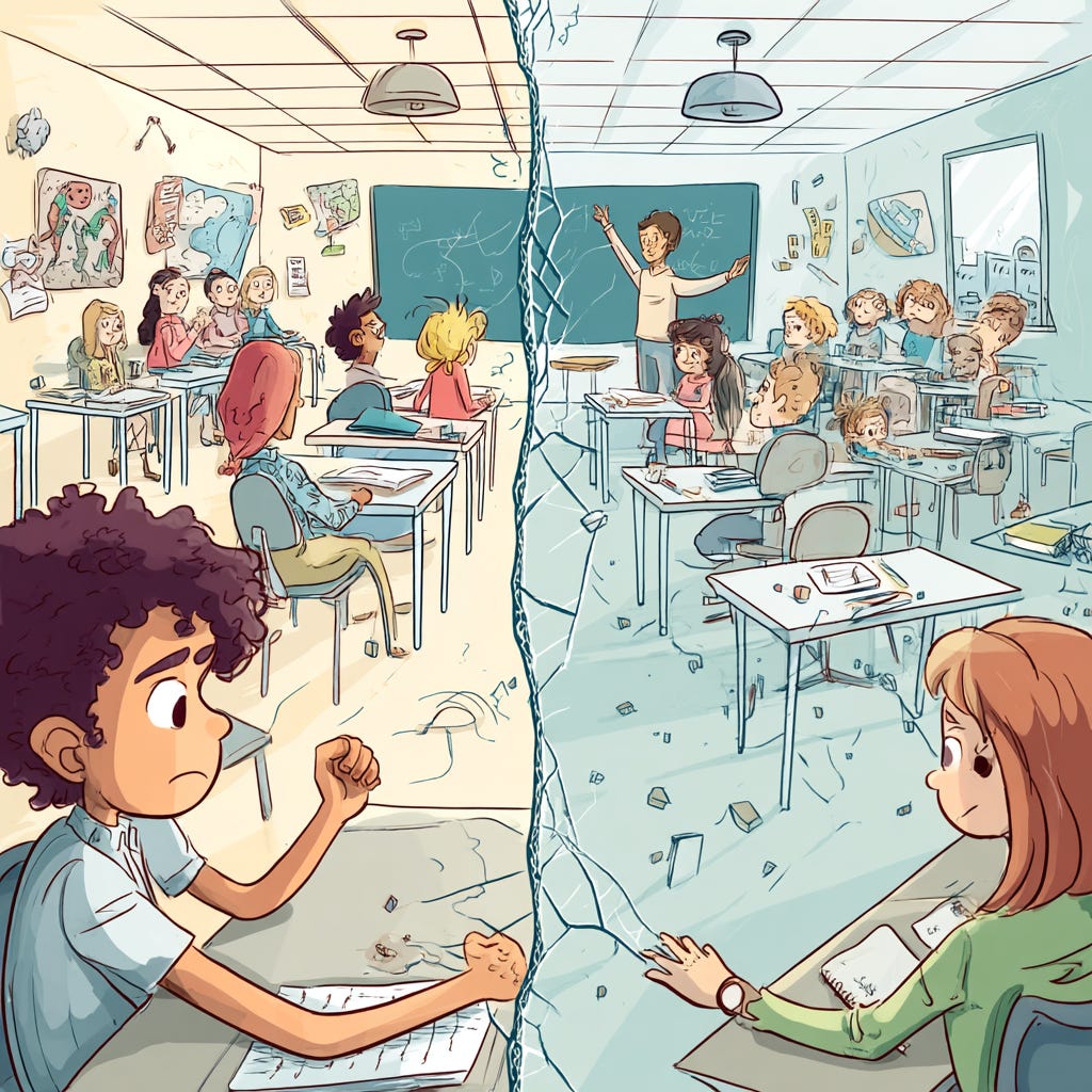 Split cartoon classroom scene showing a traditional rigid setup on left where a neurodivergent child struggles, and an inclusive flexible classroom on right where the same child thrives. A barrier between sides is being broken by hands from both directions. Split cartoon classroom scene showing a traditional rigid setup on left where a neurodivergent child struggles, and an inclusive flexible classroom on right where the same child thrives. A barrier between sides is being broken by hands from both directions.