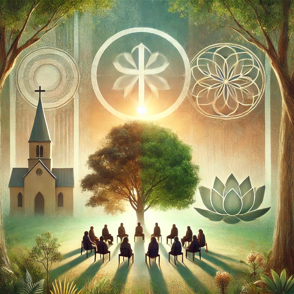 An image of a serene dialogue space, with a backdrop of nature blending with subtle symbols of Christian and Buddhist iconography. In the background, a horizon represents the meeting of diverse spiritual traditions, like a cross and lotus flower overlapping, and faint echoes of church architecture and Eastern temples merge. The participants sit in an open circle under a large tree, symbolizing growth and interconnectedness, with light filtering through the leaves. The atmosphere is calm, contemplative, and inviting, suggesting a deep philosophical conversation about spirituality, transformation, and encounter. The color palette is soft, with natural greens, warm sunlight, and earthy tones.