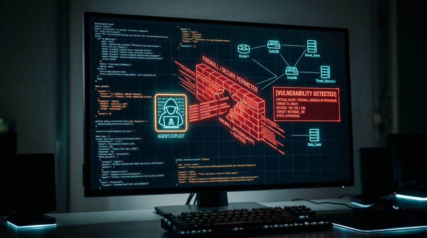  Cận cảnh màn hình máy tính hiển thị các dòng code và sơ đồ mạng, một biểu tượng robot đang vượt qua hàng rào lửa kỹ thuật số với dòng chữ cảnh báo màu đỏ.