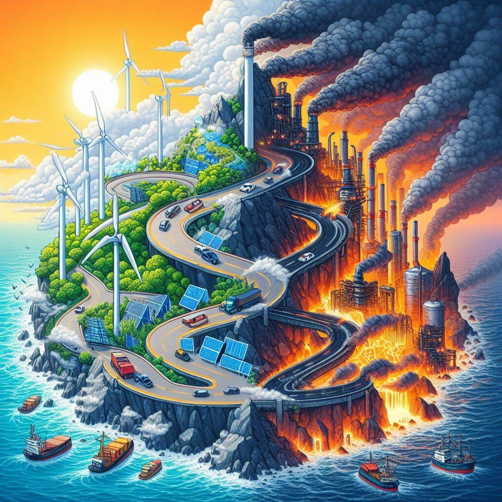 Southeast asia energy mix showing renewables on one side adn fossil fuels on the other is either going towards a cliff or have a chance of a stairway to heaven