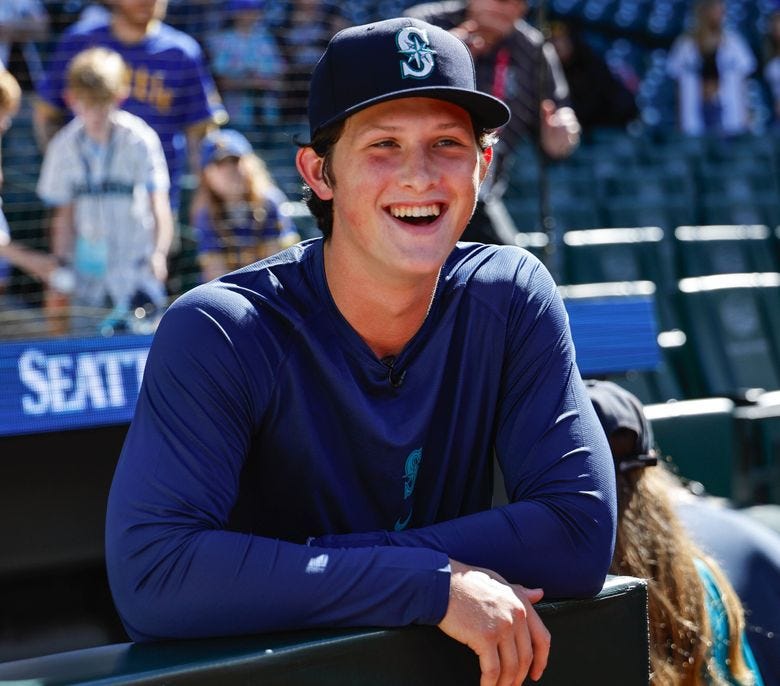Mariners draft pick Ryan Sloan was on hand to meet his  potential teammates at T-Mobile Park Tuesday July 23, 2024 at T-Mobile Park, in Seattle, WA. (Dean Rutz / The Seattle Times)