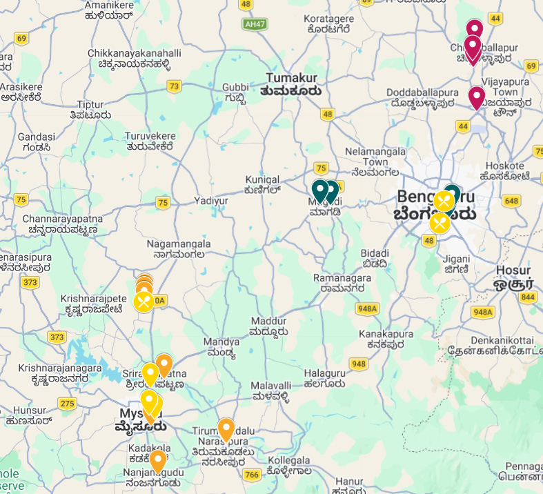Map showing temple locations along the Mysuru-Bengaluru corridor with colour-coded markers for Chamundeshwari, Melkote, Nanjangud, Magadi, Ejipura, and Rangasthala temples Map showing temple locations along the Mysuru-Bengaluru corridor with colour-coded markers for Chamundeshwari, Melkote, Nanjangud, Magadi, Ejipura, and Rangasthala temples
