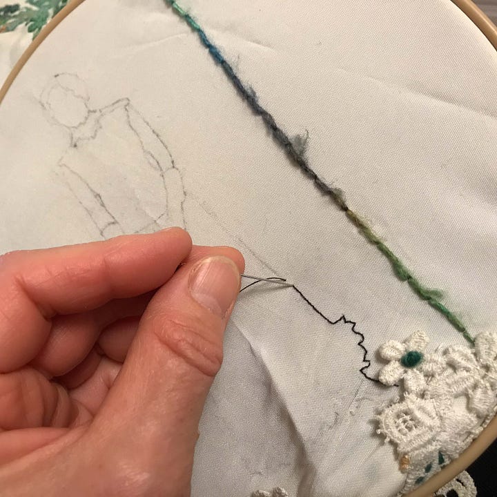 Diptych: Fingers with needle and fingers holding strand of wool.