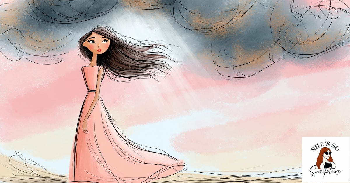 Fashion illustration of a woman standing in a windswept landscape at dusk, dress and hair swept by wind, stormy indigo and gold clouds swirling above, soft blush and cream watercolor tones, a sense of holy awe.