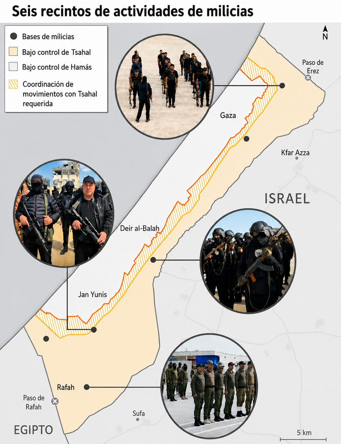 Mapa de los seis complejos de las milicias en la Franja de Gaza con fotos tomadas de sus páginas de Facebook