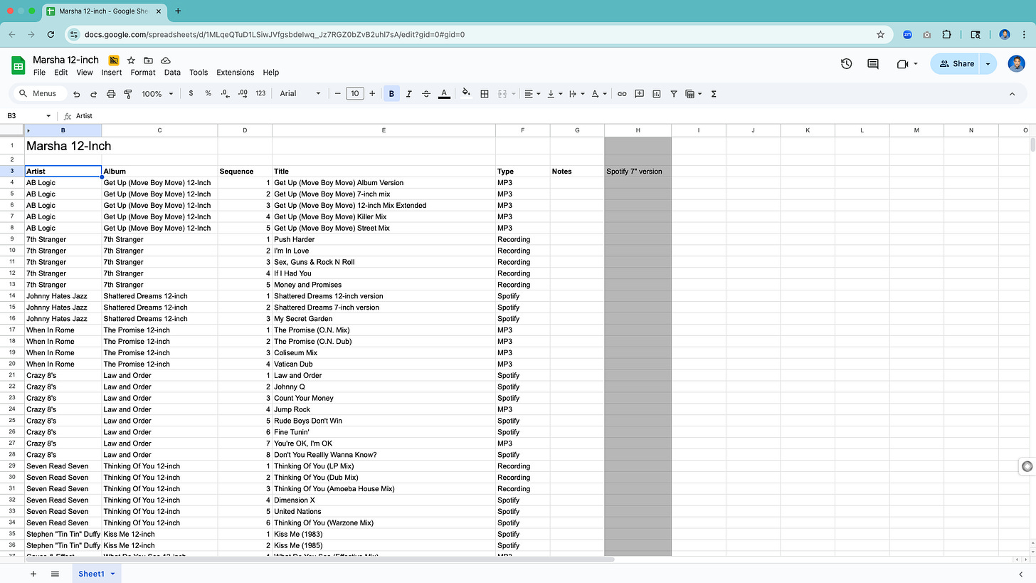 Spreadsheet of Marsha's 12-inch tracks Spreadsheet of Marsha's 12-inch tracks