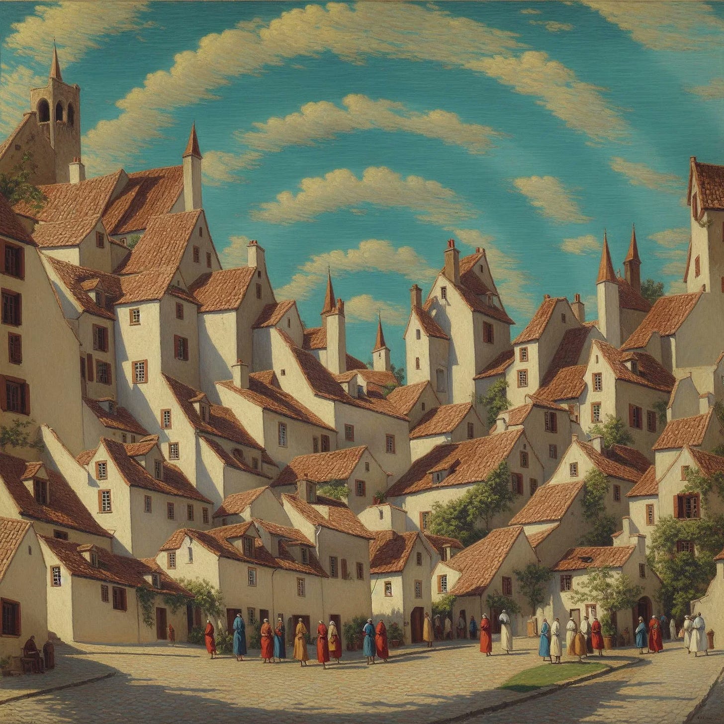 An a.i. generated image of a painted village with light, shadows, and clouds creating the illusion of a spiral