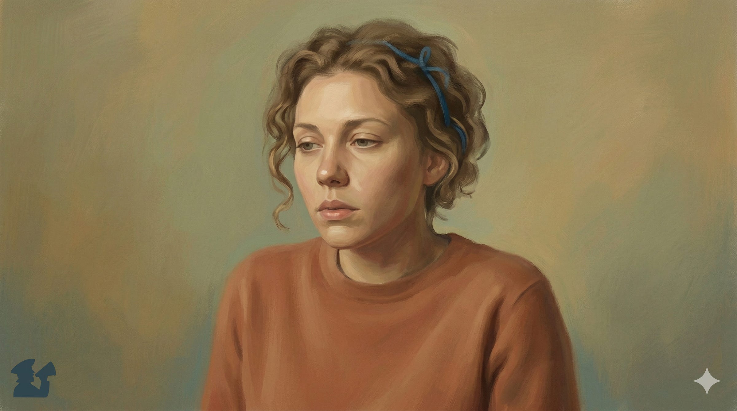 A painterly portrait of a young woman with curly brown hair looking downwards with a pensive expression. She has a blue ribbon in her hair and wears a terracotta-orange sweater. The background is a textured blend of muted greens and browns. A painterly portrait of a young woman with curly brown hair looking downwards with a pensive expression. She has a blue ribbon in her hair and wears a terracotta-orange sweater. The background is a textured blend of muted greens and browns.