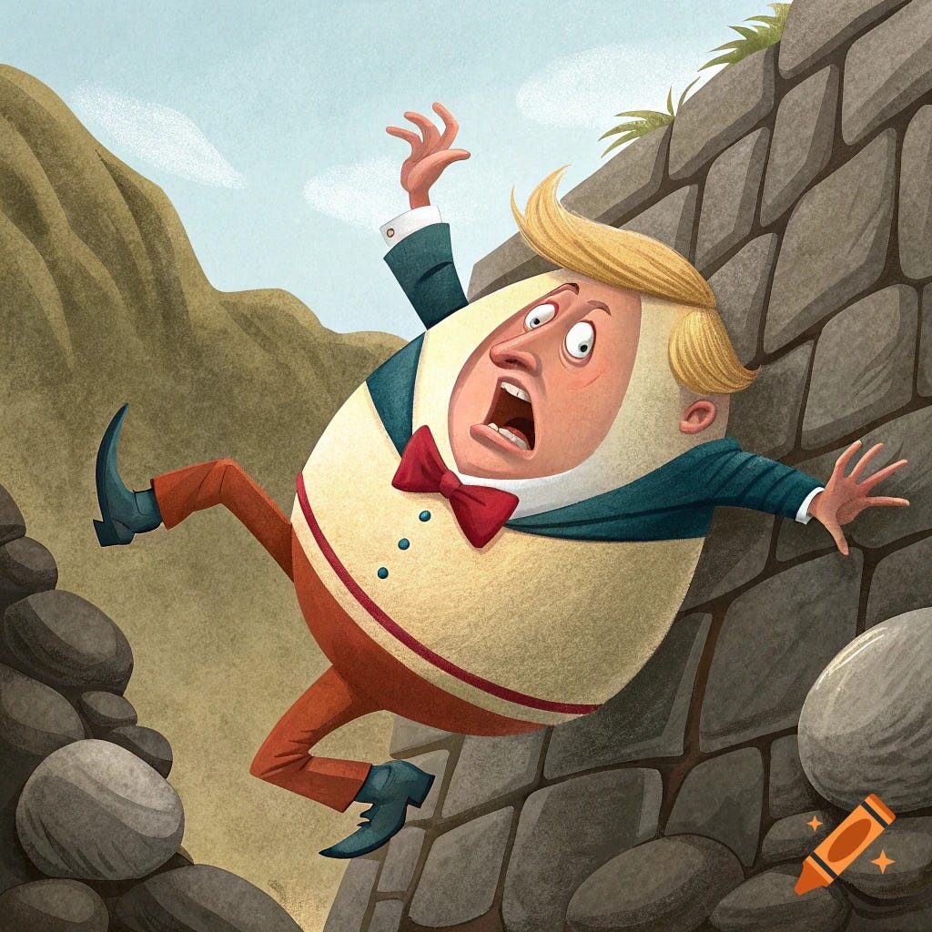 Illustration of an egg-like character styled like Donald Trump falling off  a stone wall. on Craiyon