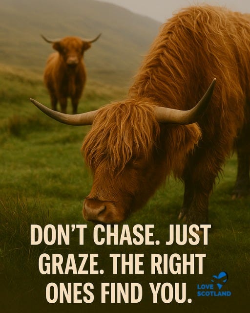 May be an image of grass and text that says "DON'T CHASE. JUST GRAZE. THE RIGHT ONES FIND YOU. LOVE SCOTLAND" May be an image of grass and text that says "DON'T CHASE. JUST GRAZE. THE RIGHT ONES FIND YOU. LOVE SCOTLAND"