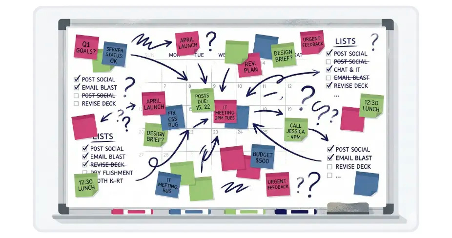 Illustration of a cluttered whiteboard covered in colorful sticky notes, overlapping checklists, conflicting arrows, and question marks representing the chaos of scattered business systems
