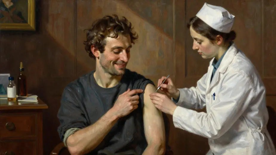 An artist oil painting of middle-aged man smiling and receiving a vaccine An artist oil painting of middle-aged man smiling and receiving a vaccine at an old fashion doctor's office. Painted the combined styles of Michelangelo and Mary Cassatt
