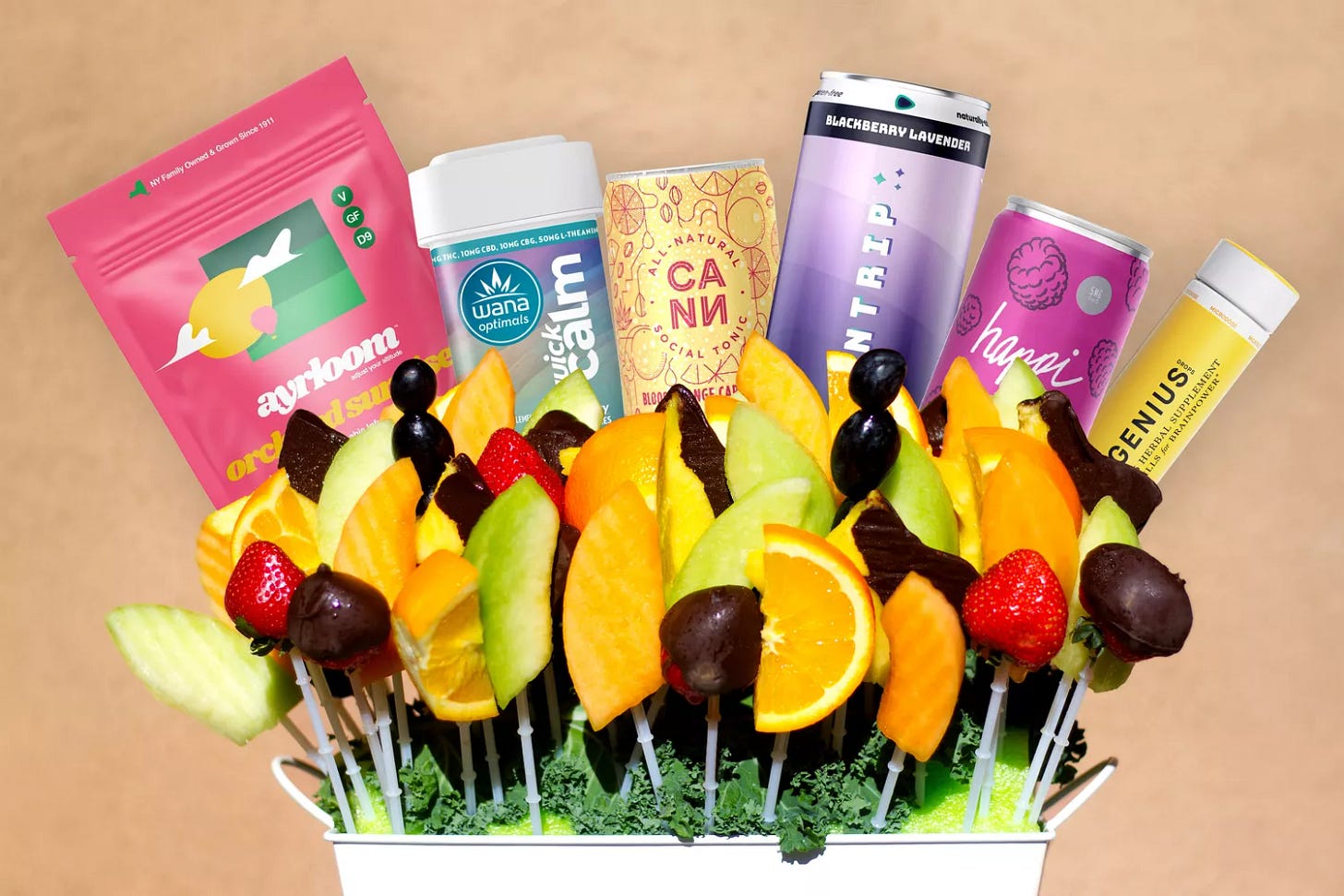 Various THC edible brands and a fruit bouquet. Various THC edible brands and a fruit bouquet.