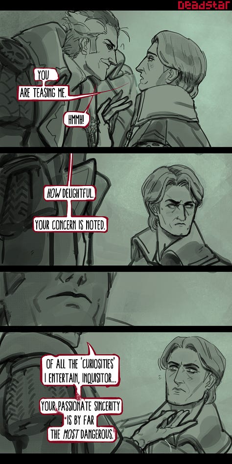 Here's how that dynamic plays out visually when Saren faces genuine concern from a subordinate, using Heinrix from the Owlcat CRPG