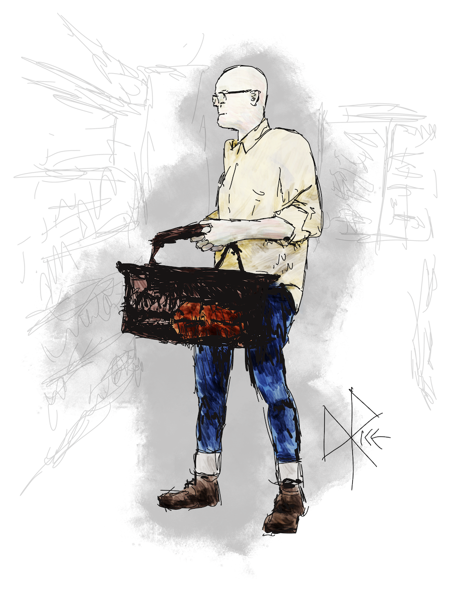 Looking vaguely undead under the overhead fluorescents, a standing man double-palms the handle of a hand-held shopping basket and looks at the items on the shelf while standing in the aisle of a grocery store. Sketch art by Don Rice. Looking vaguely undead under the overhead fluorescents, a standing man double-palms the handle of a hand-held shopping basket and looks at the items on the shelf while standing in the aisle of a grocery store. Sketch art by Don Rice.