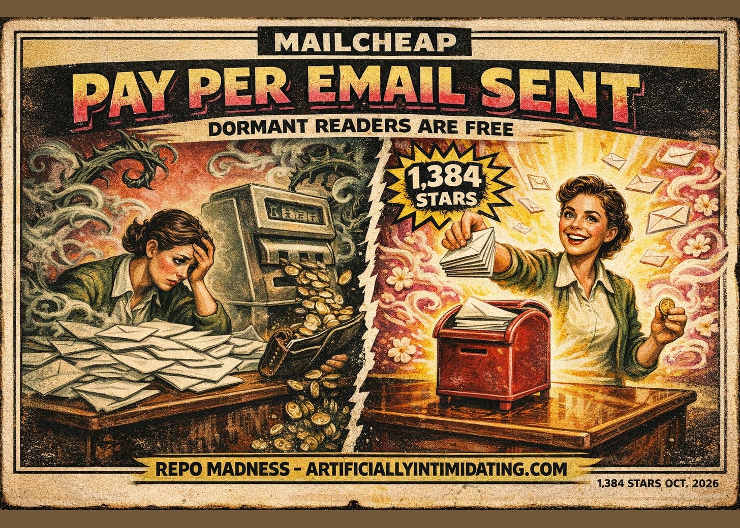 Two-panel retro poster split by a jagged crack. Left: a weary writer buried in envelopes as a cash register drains her wallet. Right: the same writer smiling, posting a bundle into a red postbox. Reads MAILCHEAP, PAY PER EMAIL SENT.