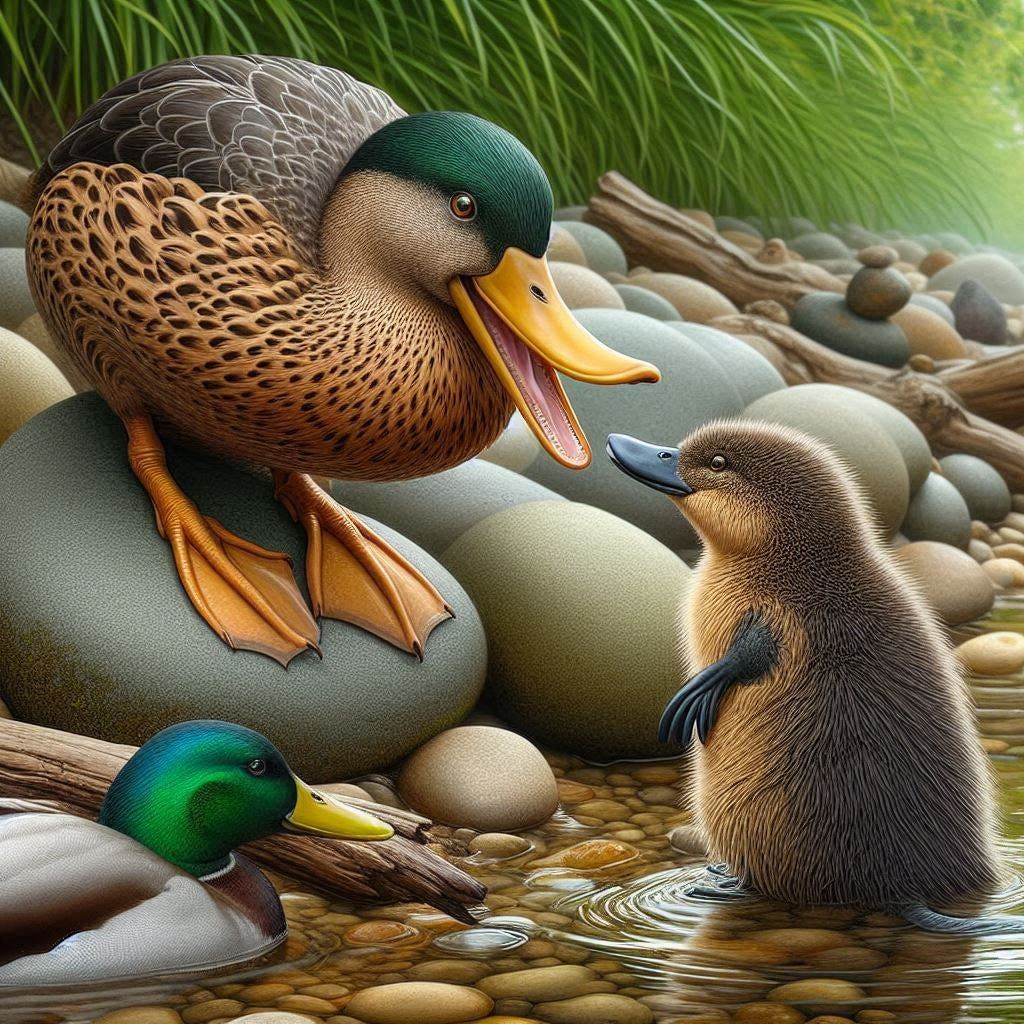 a duckbilled platypus talking to a male mallard duck on the banks of a creek in England photorealistic