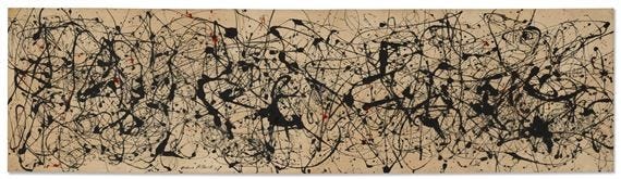 Jackson Pollock, Number 7A, black paint lines across a long strip of raw canvas with a few red flashes