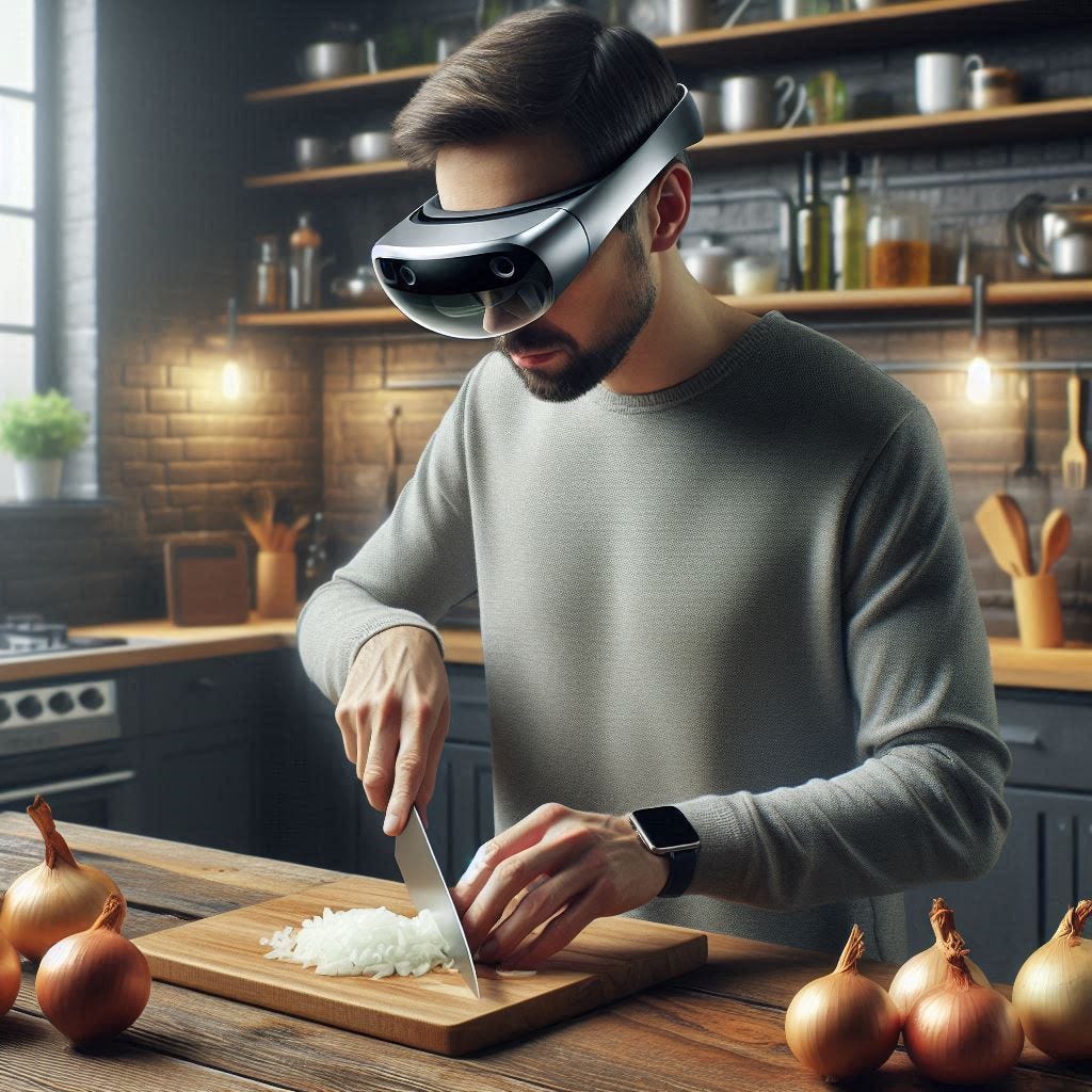 a realistic image of a man with small augmented reality glasses with semi-transparent passthrough capability on his head, slicing an onion in a modern kitchen, while watching a podcast video on the headset