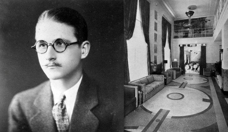Portrait of Lawrence Murray Dixon (left), and lobby of the Victor Hotel in the late 1930s.