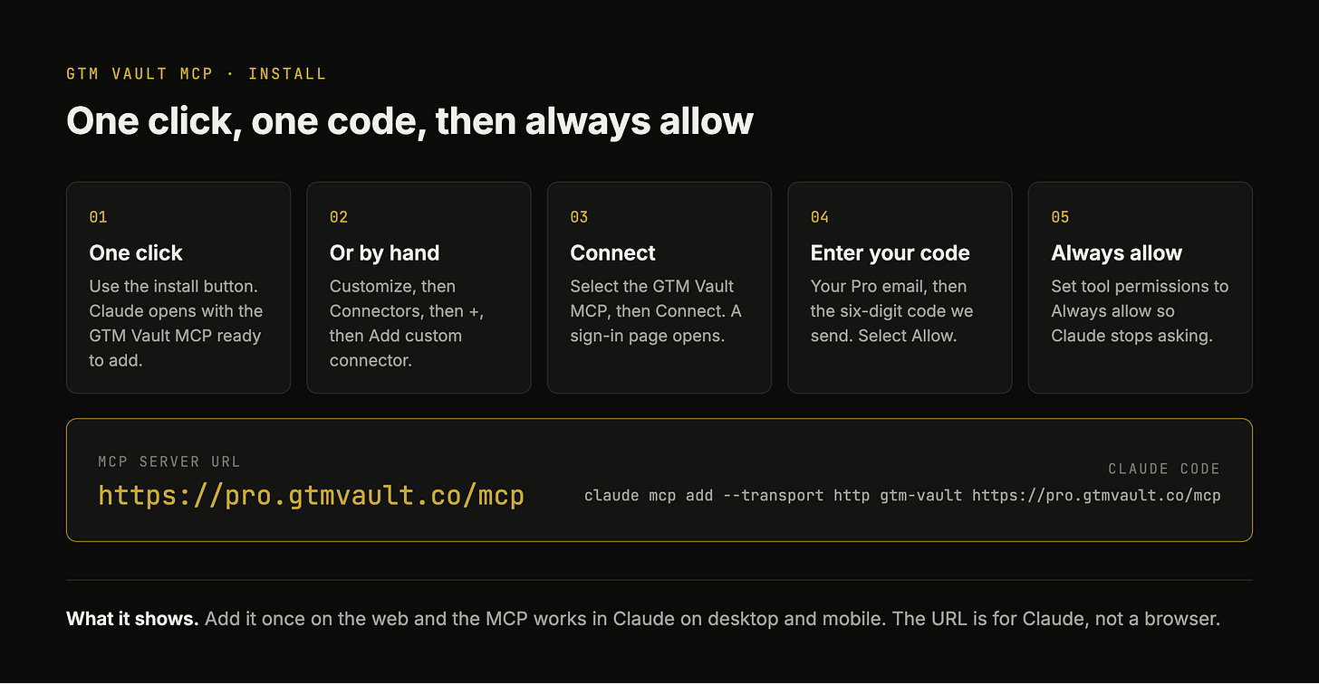 Five install steps for the GTM Vault MCP in Claude, with the MCP server URL and the Claude Code command.