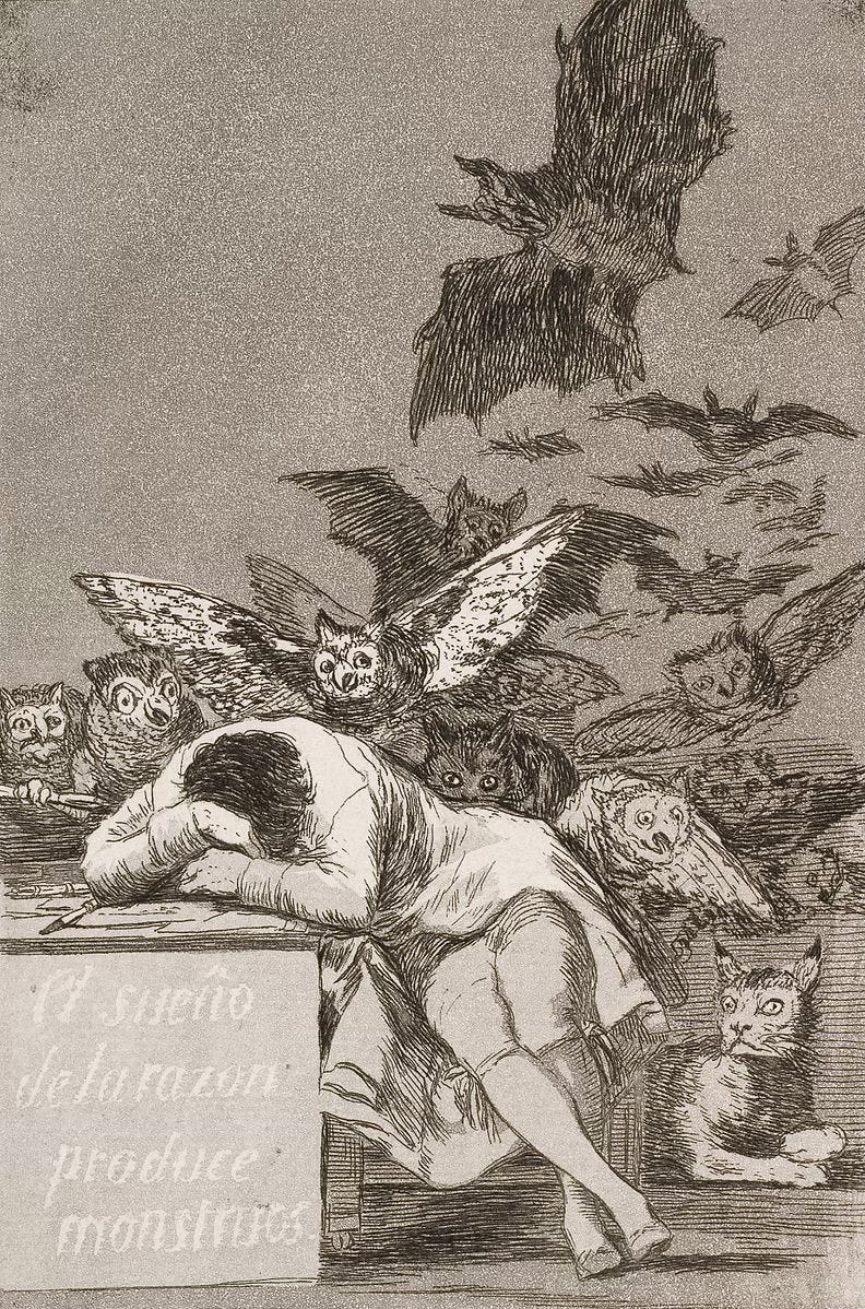 An etching by Goya. A man sleeps at his desk. He is surrounded by bats and other frightening beasts.
