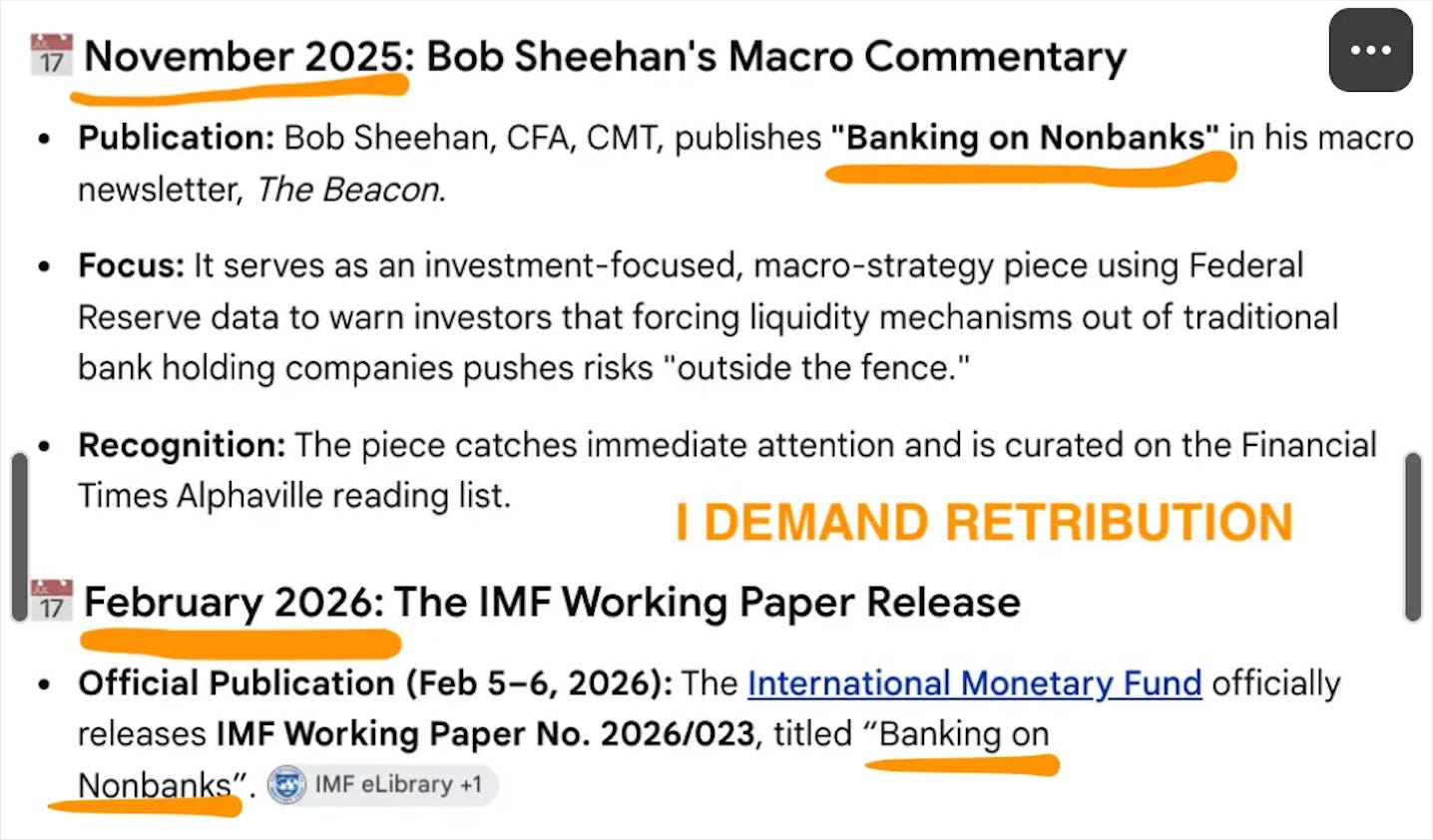 Banking on Nonbanks in The Beacon, November 2025, and an IMF working paper of the same name, February 2026