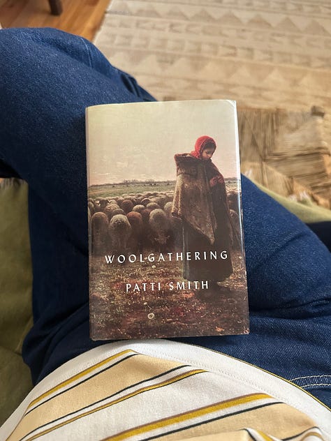 Three photos: one of lambs, one of sheep, and one of the book Woolgathering