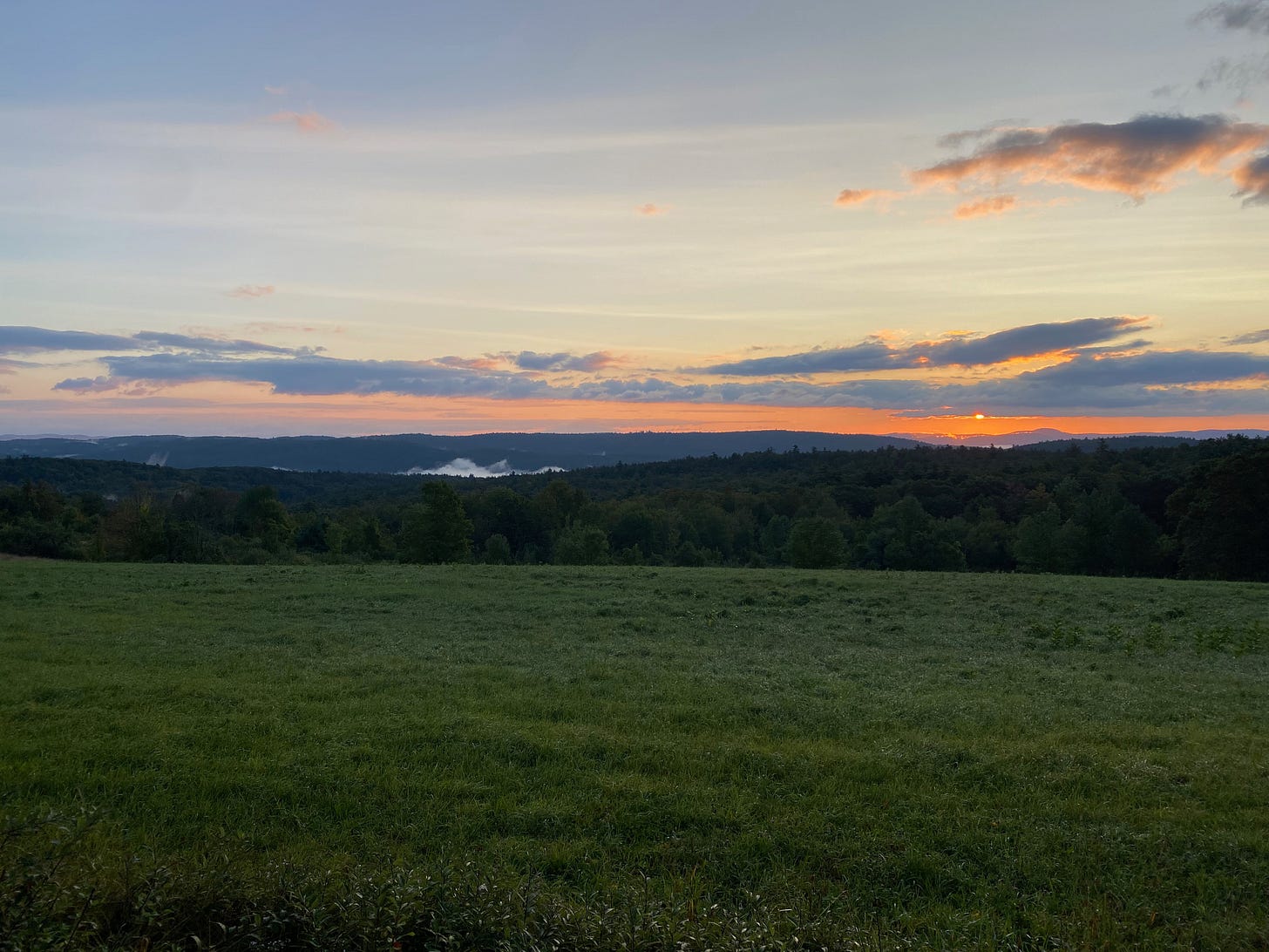A view of the sunrise from a pasture on the top of a hill. The sun is a tiny orange orb beneath blue and purple clouds, rising out of dark mountains dotted with wisps of mist.