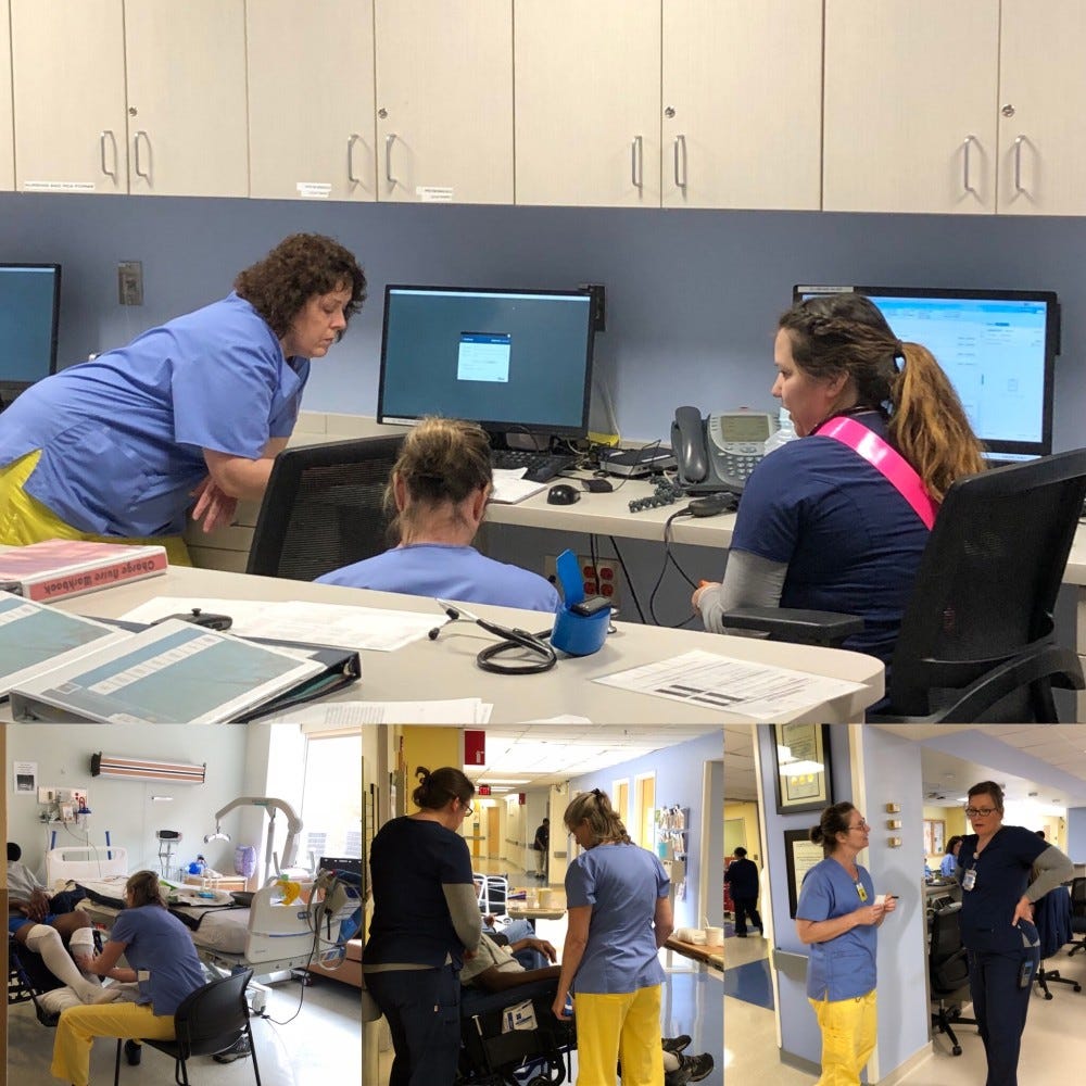 a montage of 4 photos of massage therapists in hospital settings working with patients and collaborating with non-massage therapist providers