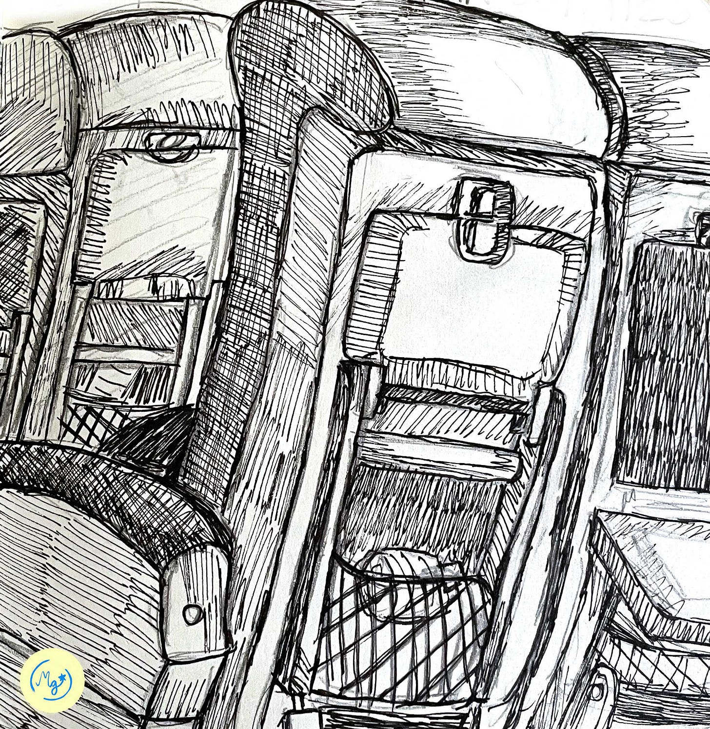 Moongranatum, black and white ink illustration of a train car interior. 